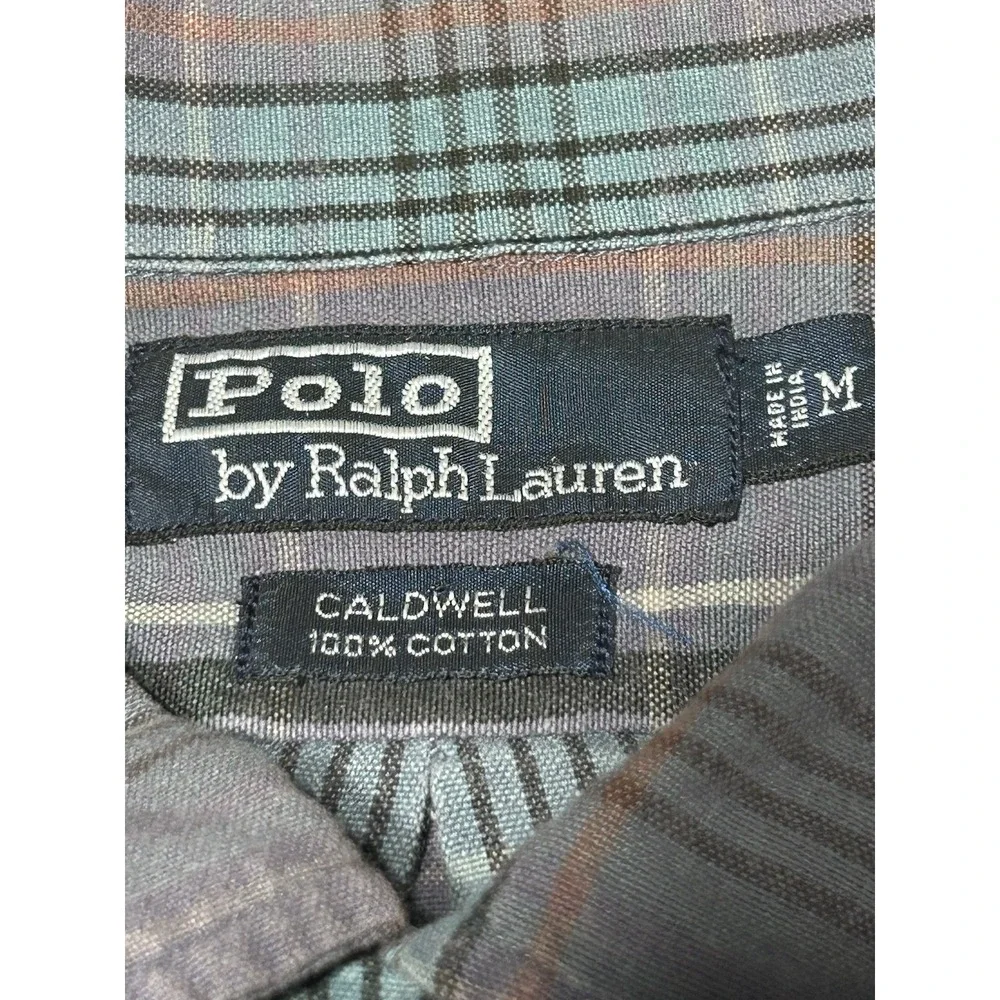 Polo Ralph Lauren Caldwell Shirt M Grey Teal Plaid Cotton Camp 90s VINTAGE MINT